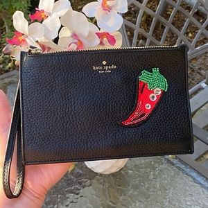 Kate Spade Black Leather Pepper 🌶 Novelty Wristlet RARE